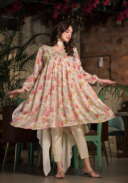 Cream coloured floral designer dress in chiffon